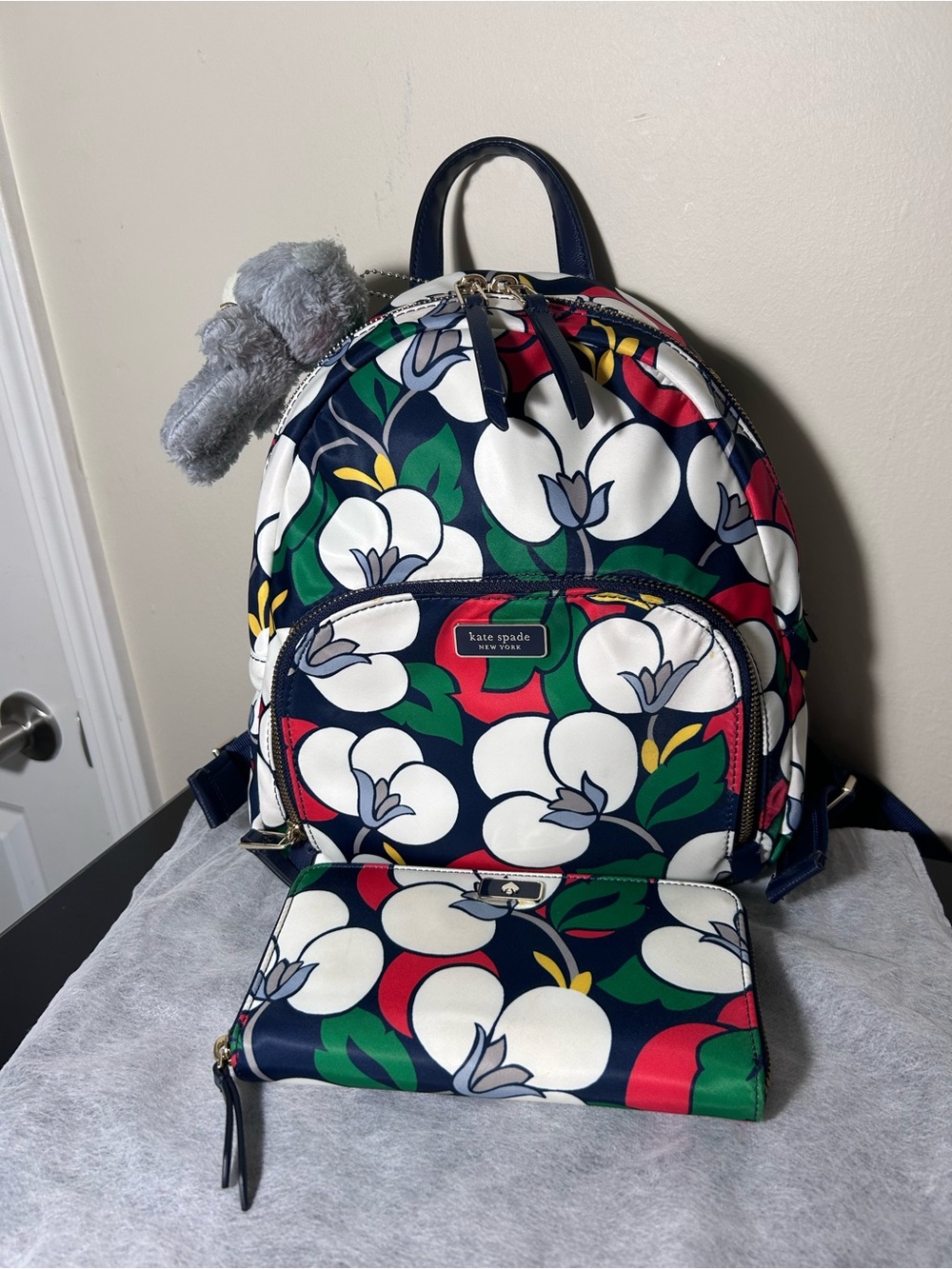 Kate Spade Floral Mini Backpack and Wallet - Navy, White, Green, Red